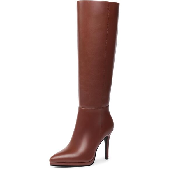 ⚡ Women's Brown Classic Stilettos Heel Pointed Toe platform Boots High Heel - Picture 1 of 6